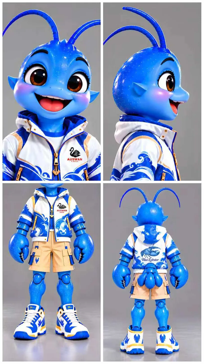 虾哥 BLUE 角色正面、侧面与全身设定图