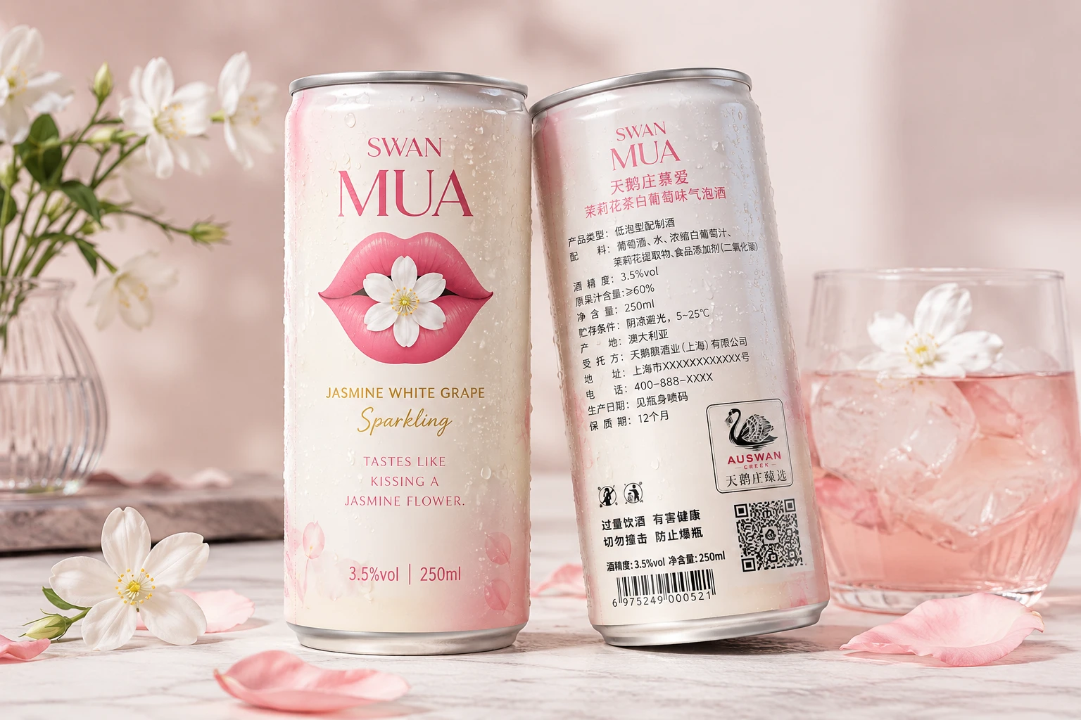 慕爱粉色罐装产品与气泡饮品